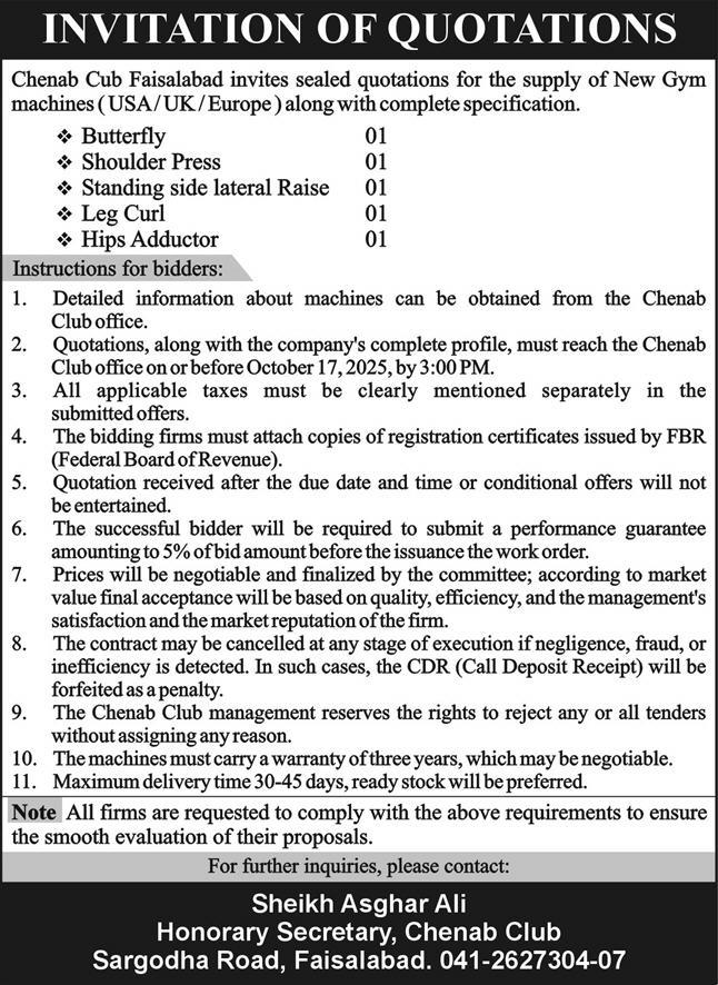 Chenab Club Faisalabad Tender Notice